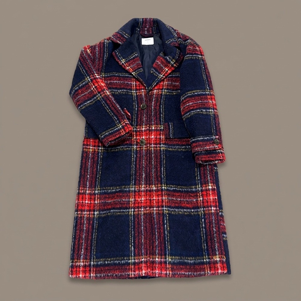 Old Navy Womens S Oversized Plaid Long Coat Navy Red Wool Blend Lined Tartan